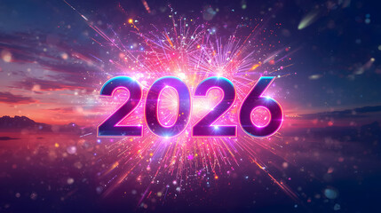 Happy New Year background image showcasing neon 2026 glowing amid cosmic light explosion with spectacular radiant fireworks energy.
