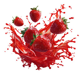 Strawberries falling in red juice, vibrant splash