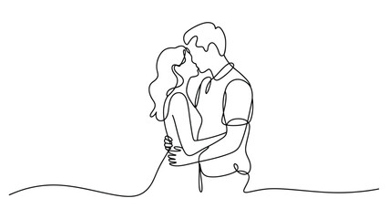 “Romantic one-line drawing of a couple embracing, minimalist continuous line art of love, affection, intimacy and emotional connection illustration design”
