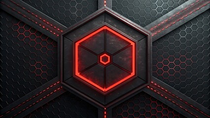 Futuristic dark hexagonal panel with glowing red neon light accents, abstract technological background design, scifi concept art