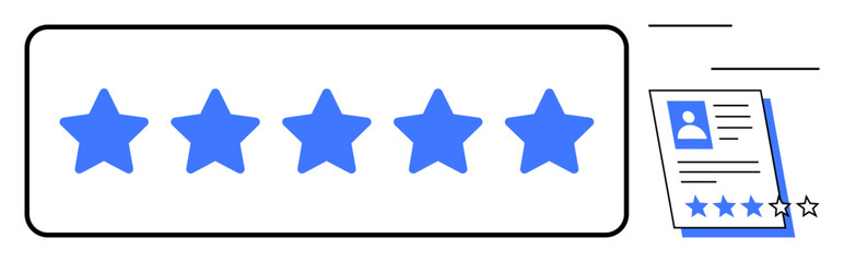 Five blue stars in a rectangle, alongside a document featuring profile details and star-based evaluation. Ideal for quality assessment, ranking, feedback, review, performance, customer satisfaction