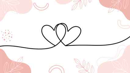Minimalist continuous line drawing of two intertwined hearts, symbolizing love, unity, and romance, on a clean background with abstract pink shapes.