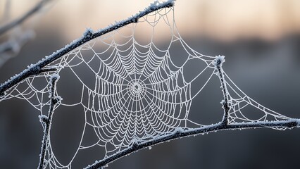 Icy spiderweb glistening on branch, a stunning winter scene