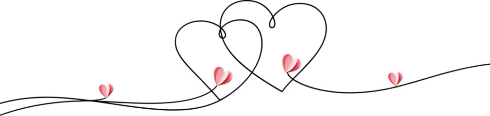 Continuous line art of two intertwined hearts with subtle pink paper heart accents, symbolizing love, connection, and romantic unity on a clean white background