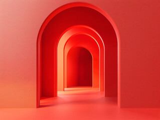 Vivid Abstract Space with Archways in Bold Red Tones and Shadows
