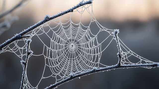 Icy spiderweb glistening on branch, a stunning winter scene - Powered by Adobe