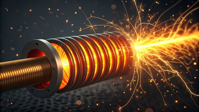 Intense electrical arc discharge and sparks emanating from a glowing, heated metal coil or inductor component in a dark, industrial setting, symbolizing high energy, power, or short circuit