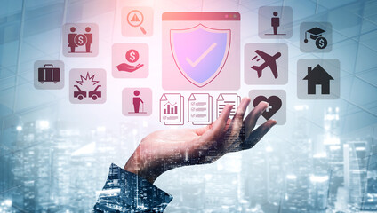 Various insurance icons like travel, health, home, and car protection connected to a central blue shield icon Parse