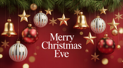 Festive christmas eve decorations: golden bells, shimmering ornaments, and starry twinkles on a rich red background