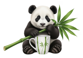Adorable panda bear holding bamboo and sitting with a cup isolated on transparent background