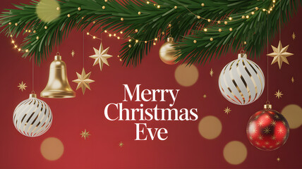 Elegant merry christmas eve design with festive ornaments and glowing decorations