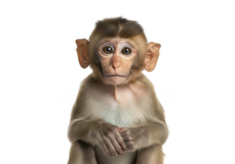 Cute monkey sitting with folded hands isolated on transparent background looking curious