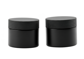 Two black cylindrical containers with textured tops isolated on transparent background