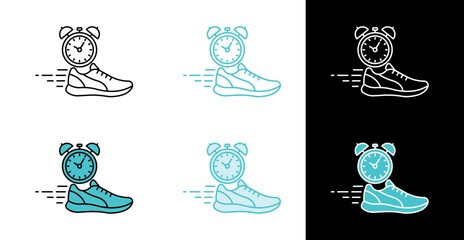 Stopwatch time running shoe icon for fitness progress and workout tracking in line and fill style