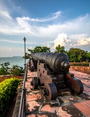 Historic Cannon Overlooking the Sea at Fort Cornwallis, Penang, Malaysia.
