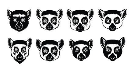 Eight stylized lemur heads in a black and white graphic arrangement © Begum