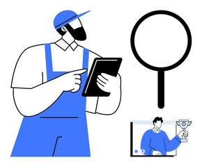 Worker holding a tablet represents technology and labor, magnifying glass for search and focus, video call with a person holding a trophy. Ideal for technology, work, communication, achievement