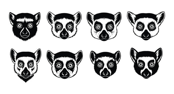 Eight stylized lemur heads in a black and white graphic arrangement