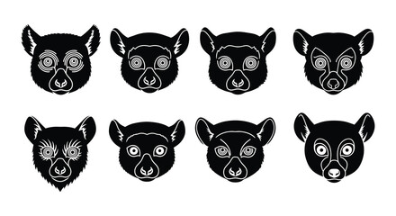 A collection of stylized lemur head illustrations in black and white © Begum