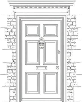 Architectural line drawing of an elegant sixpanel front door with an ornate knocker and stone surround.