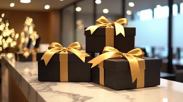 Three elegant black gift boxes with golden ribbons on a marble counter, ready for a special occasion or celebration.