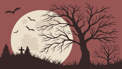 Silhouette of spooky trees and bats under moon light