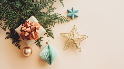 Simplistic christmas holiday decorations with gifts, stars, and ornaments