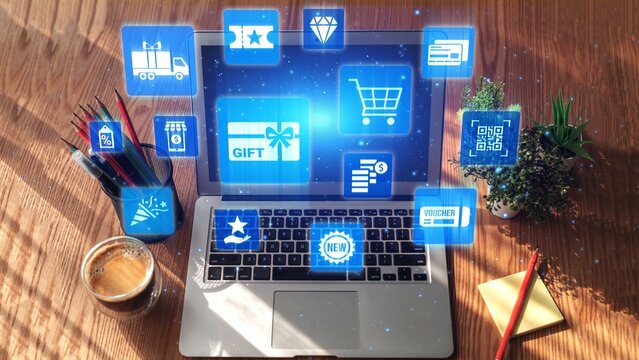 Digital gift card icons show e-commerce, payment, and digital gift card redemption. Digital gift card supports online shopping, secure payment, and customer loyalty programs. Gist