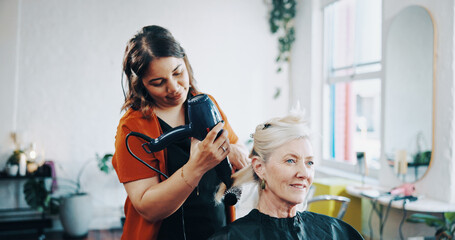 Blow dry, curling and style with people at hairdresser for appointment, consulting or treatment....