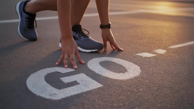 Runner poised at the starting line ready to sprint forward with the word GO painted on the asphalt track during a golden sunset