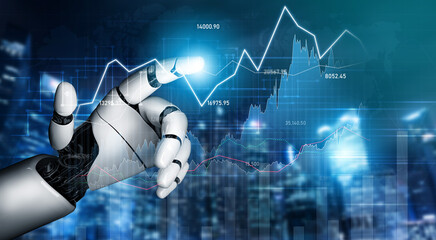 A futuristic robot hand interacts with a dynamic digital graph, symbolizing innovation in technology and finance. The image explores concepts of growth and data analysis. Scalp