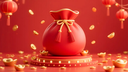 A joyful Spring Festival stage with lucky bag motif