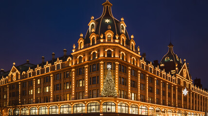 Enchanted christmas eve at ornate european inspired building with festive lights and snowflake decorations