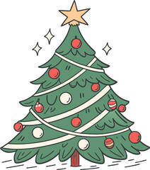 Festive hand drawn christmas tree decorated with ornaments and star