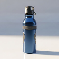 Blue water bottle on table under sunlight.