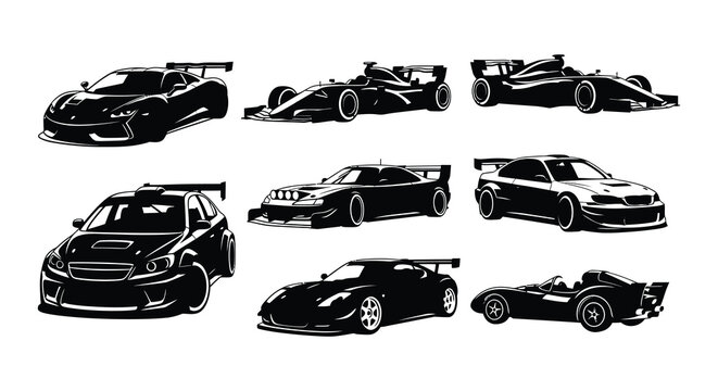 Collection of sleek black silhouettes depicting various high performance sports cars and racers