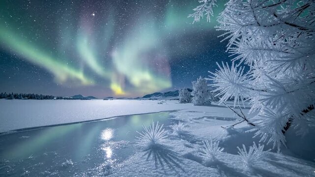 December Solstice with Ice Crystals, Gentle Aurora Motion and Reflective Snow Surface