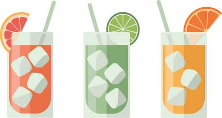 Colorful flat illustration of three refreshing fruit drinks with ice cubes and citrus slices, summer beverage concept for food and drink design