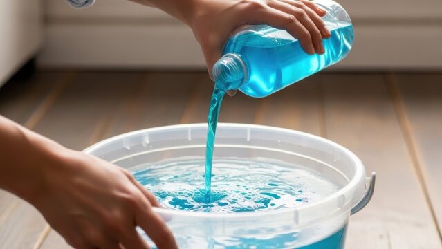 Pouring blue liquid cleaner into a white bucket for cleaning.