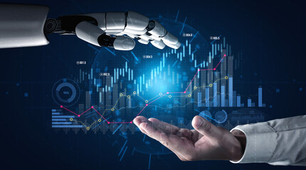 A visual representation of collaboration between human and robot in a financial context, showcasing advanced analytics and data charts in a digital atmosphere. Scalp