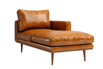 Brown leather chaise lounge with wooden frame and legs