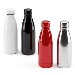 Bottles in various colors on white background.