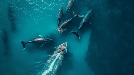 Fototapeta premium Pod of whales swimming near boat in clear blue ocean