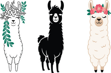 Obraz premium Cute llama illustrations set featuring floral crowns, minimalist black silhouette, adorable fluffy alpaca characters