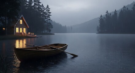 A tranquil lake scene featuring a cozy cabin bathed in warm light, a wooden rowboat, and a misty, rainy atmosphere.