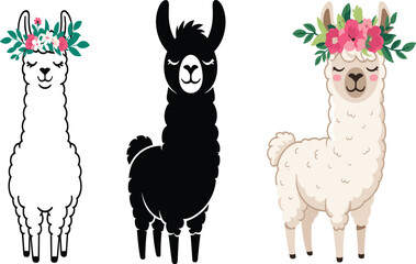 Obraz premium Cute llama illustrations set featuring floral crowns, minimalist black silhouette, adorable fluffy alpaca characters