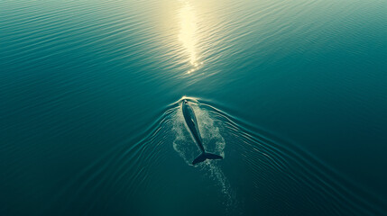 Whale swimming in calm ocean with sun reflection