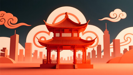 Fototapeta premium Warm red lighting outlining Chinese forms against a city skyline