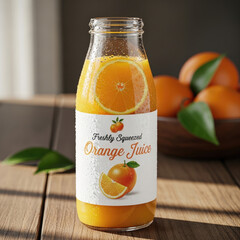 Bright Orange Juice Bottle On Wooden Table.