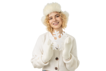 Young woman smiles with snowflake cutouts, isolated, PNG